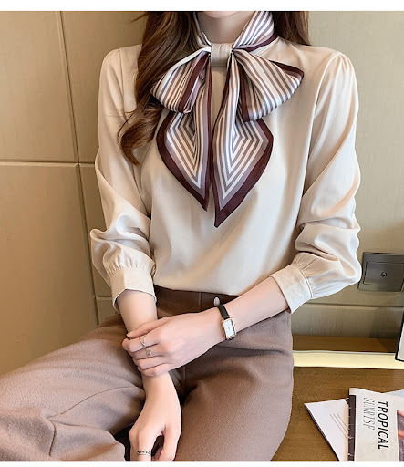 Title 5, Lady Temperament Satin Striped Shirt with Ribbo...