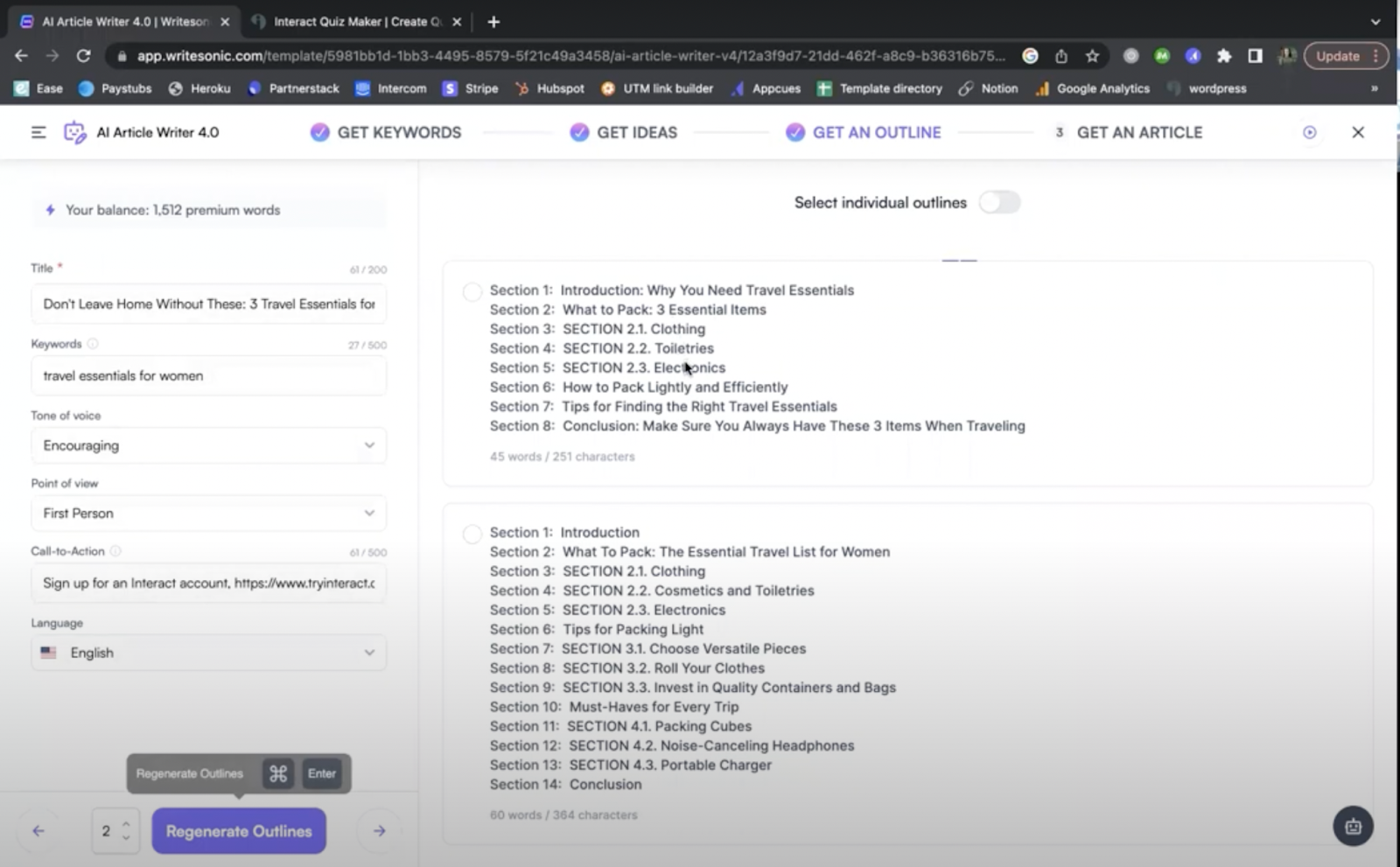 Screenshot of Writesonic AI's dashboard where the platform is generating an outline for your blog post