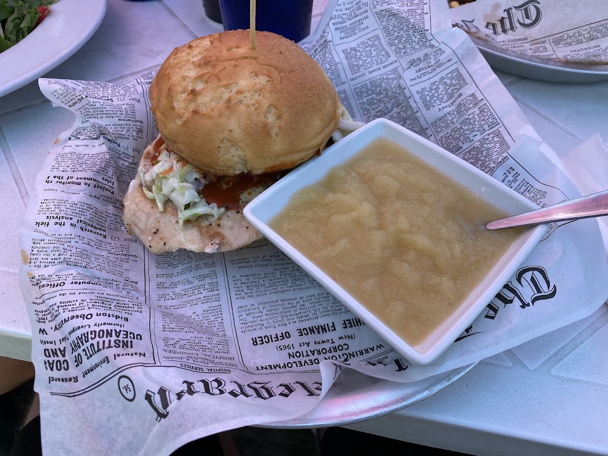 Nashville Hot Chicken Sandwhich (sub fried/breaded chicken with grilled chicken and GF bun) with apple sauce.