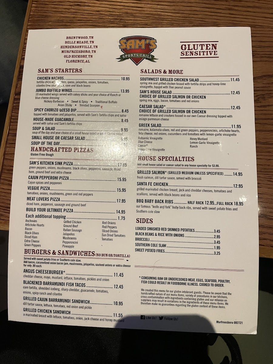 Sam's All American Sports Grill gluten-free menu