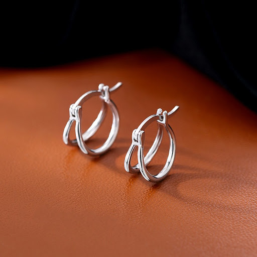 Title 4, Double Layer Plain Ring Earrings in 925 Sterlin...