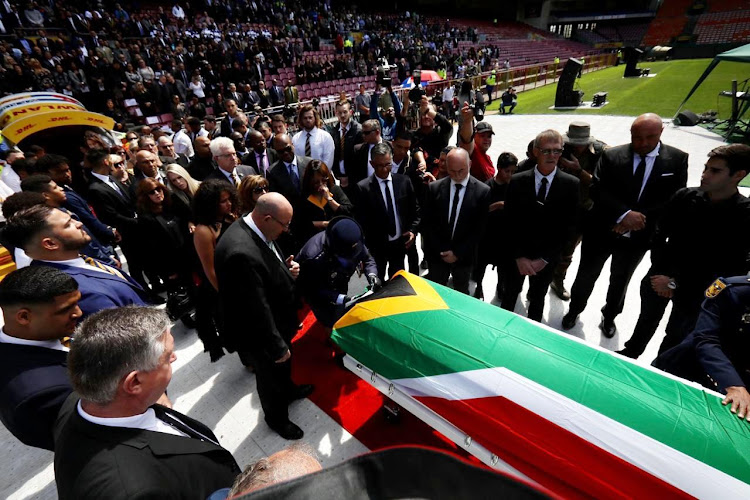 Chester Williams' coffin arrives at Newlands stadium for his funeral on September 14 2019.