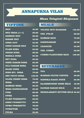 Annapurna Vilaas menu 