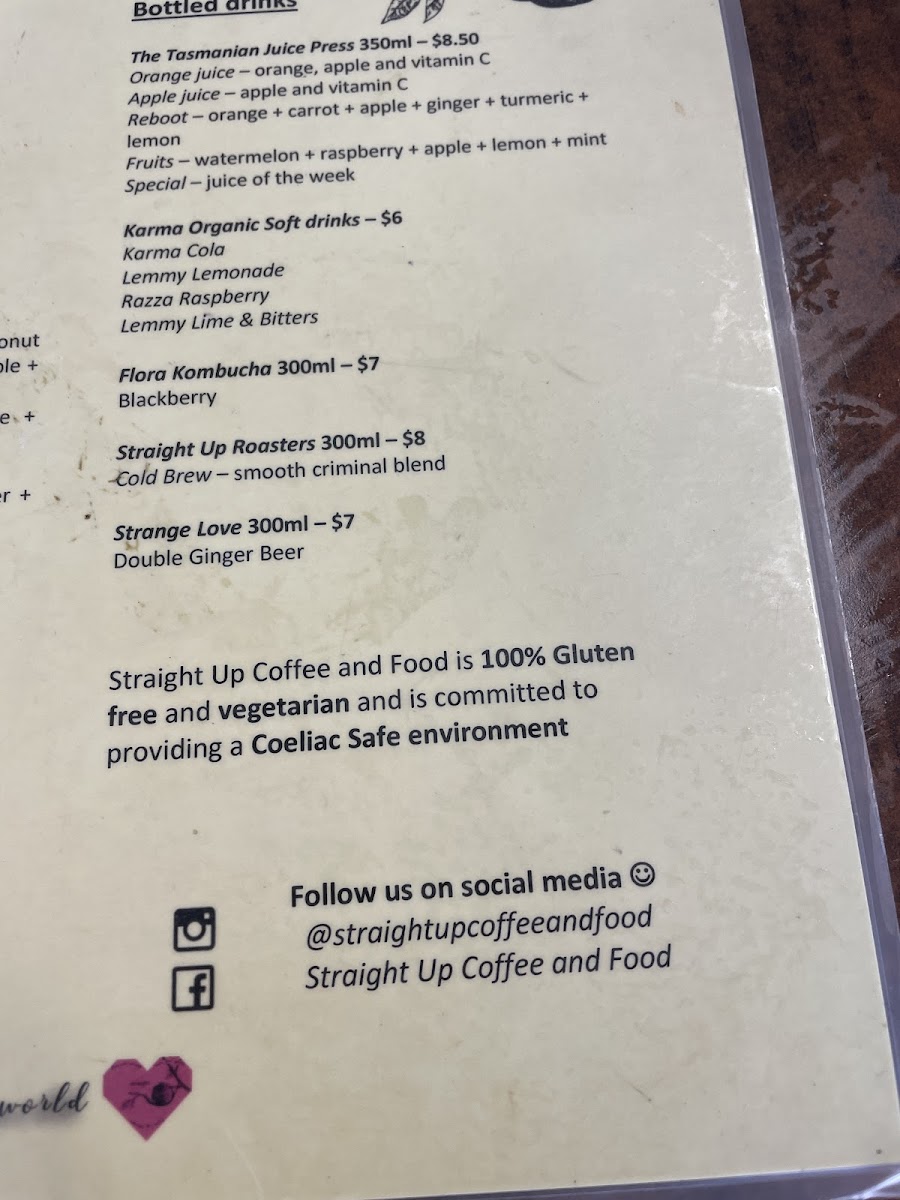 Straight Up Coffee and Food gluten-free menu