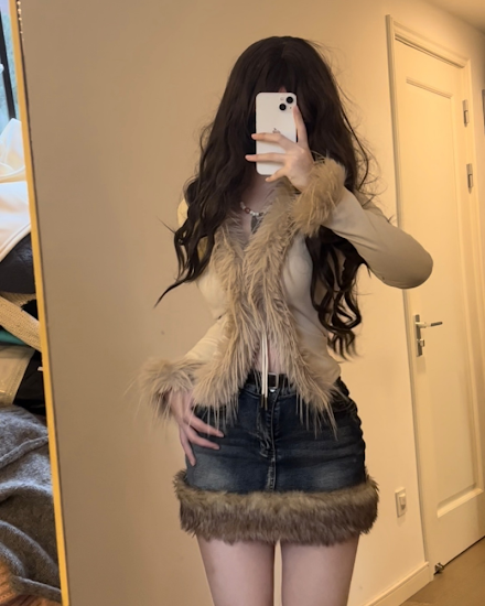 Washed Fur Paneled Denim Skirt for Women Retro Sexy Hot G... - 3