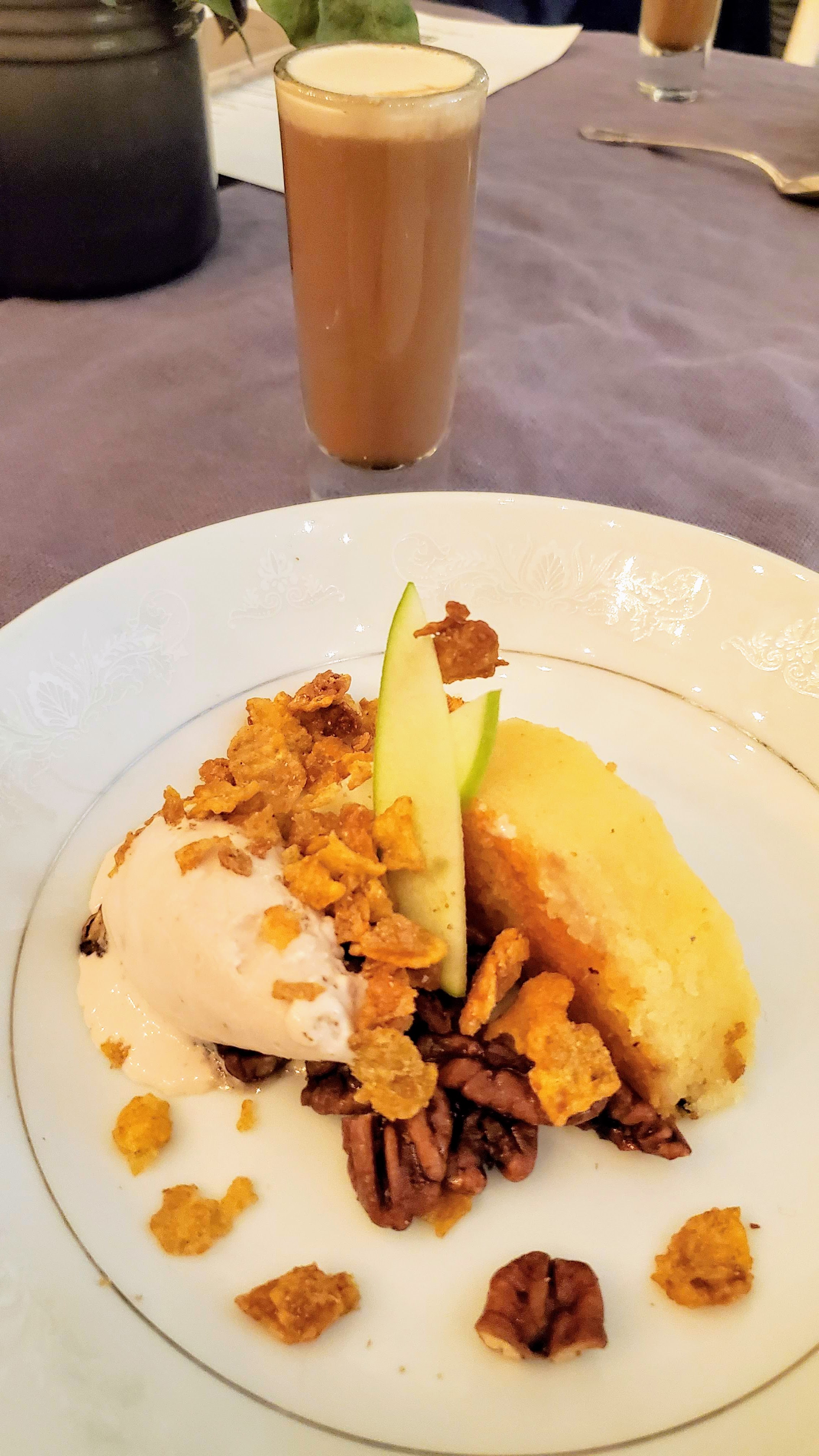 Lemon Buttermilk Pie, Cornflake Crunch, Apple Butter, Fresh Apple, Salted Pecan Ice Cream, from Callie Speer, Holly Roller, paired with Chocolate, Cashew Cream Cheese, Lord Bergamot Earl Grey, the final dessert course at the More Zero Proof Dinner at Feast 2019