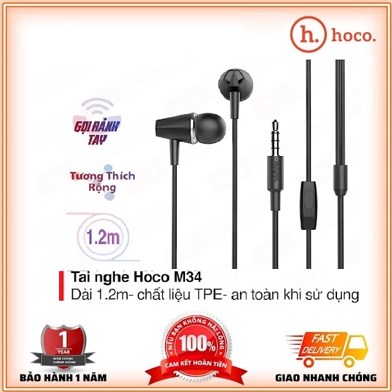 Tai Nghe Nhét Tai Freeshiptai Nghe Chính Hãng Hoco M34 Super Bass Chân Tròn 3.5Mm - Bh 12 Tháng