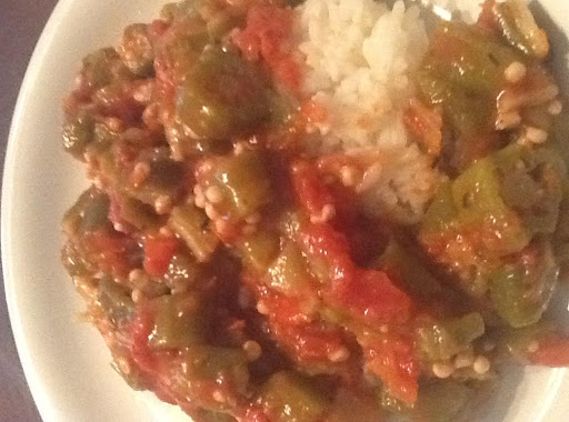 Smothered Okra & Tomatoes served over rice