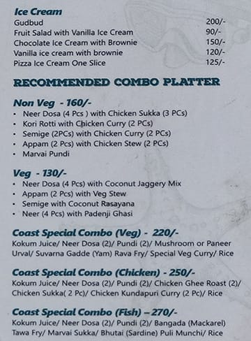 Coast @ JP Nagar menu 