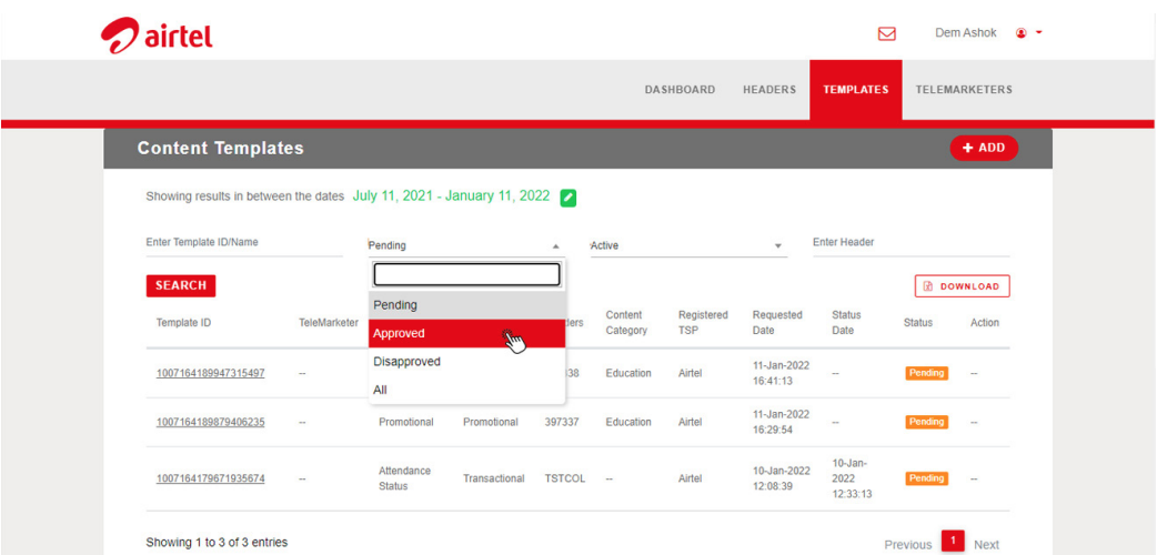 A picture showing how to tell if your content templates is approved on the Airtel DLT portal | SMScountry