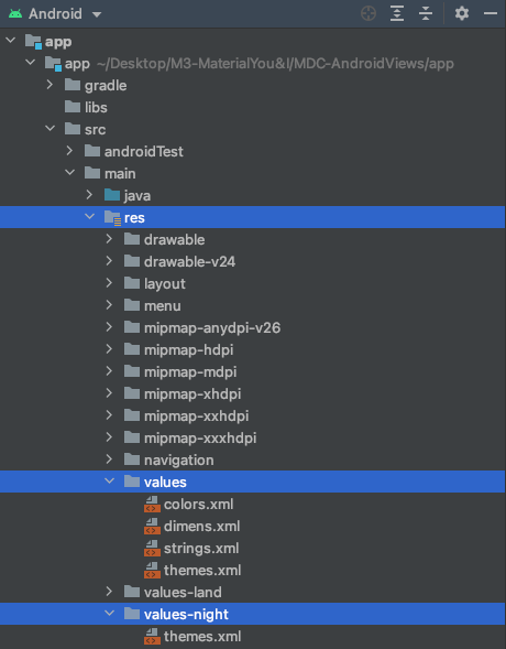 App directory within Android Studio, showing values and values-night with colors.xml and themes.xml