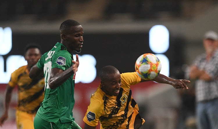 Themba Ndlovu of Black Leopards challenges Tapelo Xoki of AmaZulu during the DStv Premiership match between AmaZulu and Black Leopards at Jonsson Kings Park stadium on November 04, 2020 in Durban, South Africa.