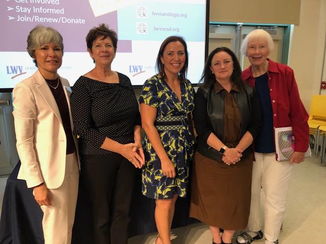 Speakers at County League Day on Permanent Housing Solutions. (L-R, Rosette Garcia, President,, LWV North County, Mary Lydon, HomeAid San Diego, Rebecca Louie, Wakeland Housing & Development, Tamera Kohler, Regional Task Force on Homelessness, and Anne Omsted, director-at-large LWV North County. 