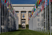 The flag alley at the United Nations European headquarters is seen during the Human Rights Council in Geneva, Switzerland