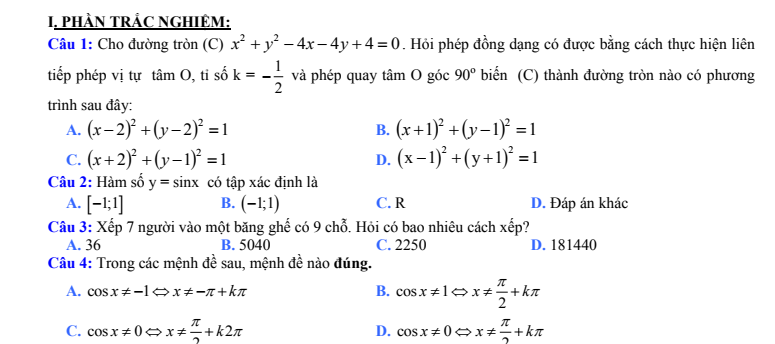 Đề thi học kỳ 1 lớp 11 năm 2016 2017 môn Toán (trắc nghiệm và tự luận) dayhoctoan.vn đề thi học kỳ 1 lớp 11 có đáp án