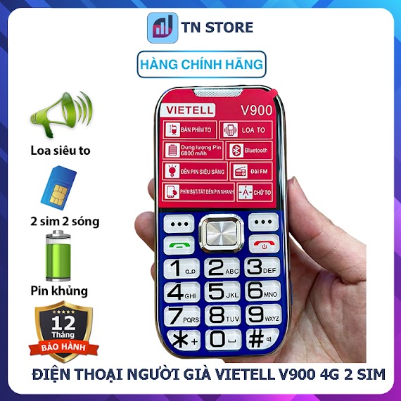 Điện Thoại Người Già Vietell V900 4G - Bàn Phím To, Loa To, Chữ To, Đèn Pin Siêu Sáng, Pin Khủng - Mới Full Box