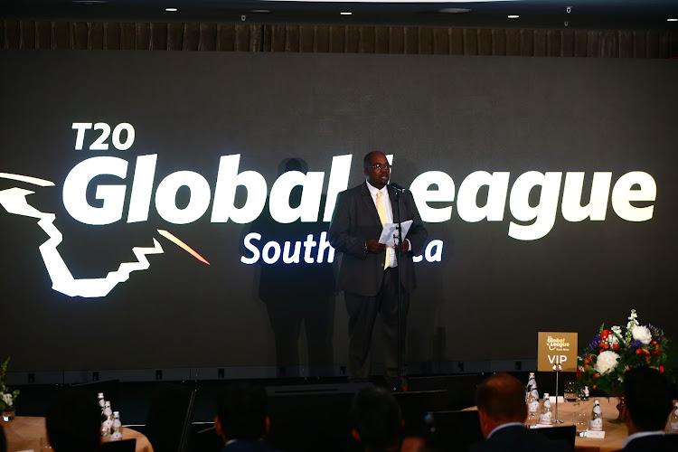 Cricket South Africa board chairperson and president Chris Nenzani gives a speech during the T20 Global League grand launch at the Bvlgari Hotel in London on June 19 2017.