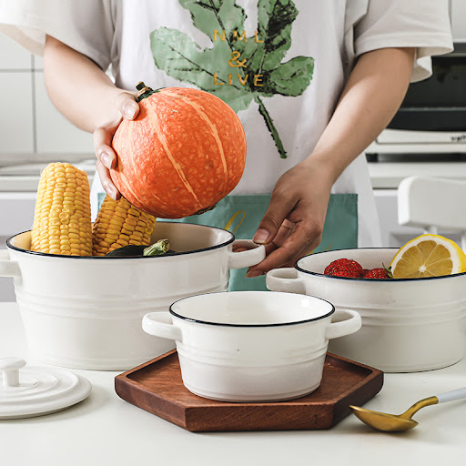 Title 7, Nordic Simple Binaural Ceramic Soup Bowl with L...