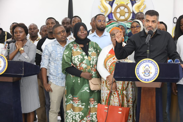 Mombasa Governor Abdulswamad Nassir and MCAs at his office on Wednesday.