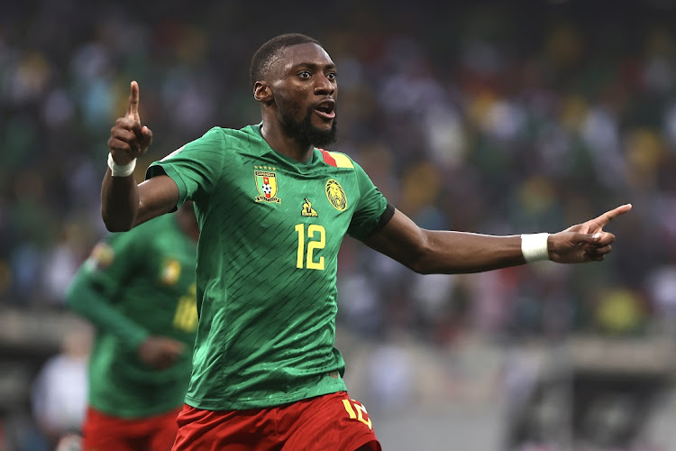 Karl Toko Ekambi of Cameroon celebrates scoring the opening goal in the 2021 Africa Cup of Nations quarterfinal against Gambia at Japoma Stadium in Douala, Cameroon on January 29 2022.