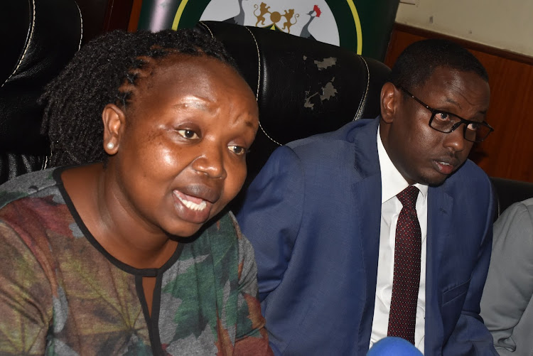 Acting Health county executive Vesca Kangogo and chairman of the County Public Service Board Mohamed Abdikadir at City Hall on November 12.