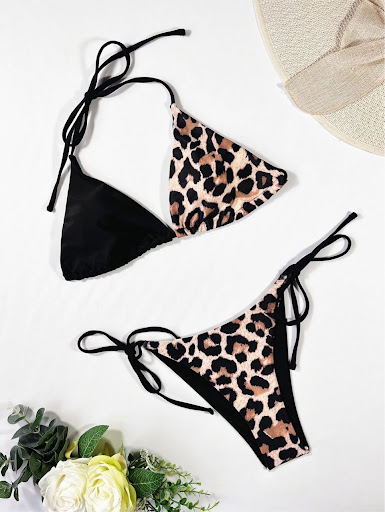 Title 4, Womens Leopard Print Split Swimsuit Halter Lac...
