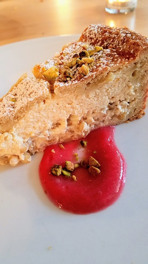 Meadlowlark Portland Dinner No #30 April 22, 2018 All the dinners of this pop up supper club for social justice always benefit a cause and the food and drink emphasize rustic, handcrafted cuisine and local ingredients. Spring Wheat Pastiera with rhubarb compote and pistachios