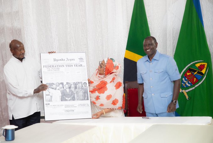 Ugandan President Yoweri Museveni and President William Ruto in Zanzibar on March 14, 2024.