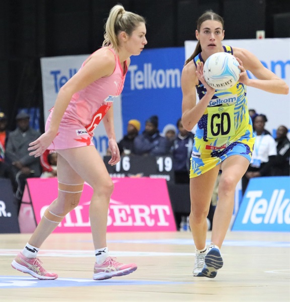 Jaguars goal defence Jamie van Wyk up against Crinums goal attack player Lefebre Rademan at the 2023 Telkom Netball League final held at the Heartfelt Arena in Pretoria.