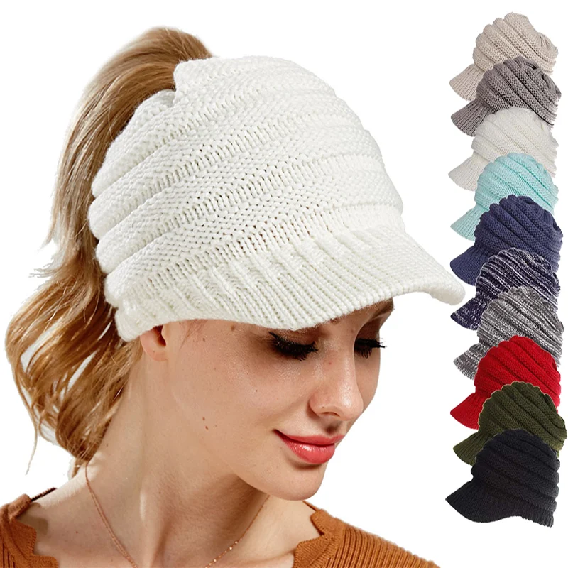Bonnets queue de cheval pour femmes, chapeaux d'automne et d'hiver, casquettes tricotées douces, Skullies chaudes pour dames