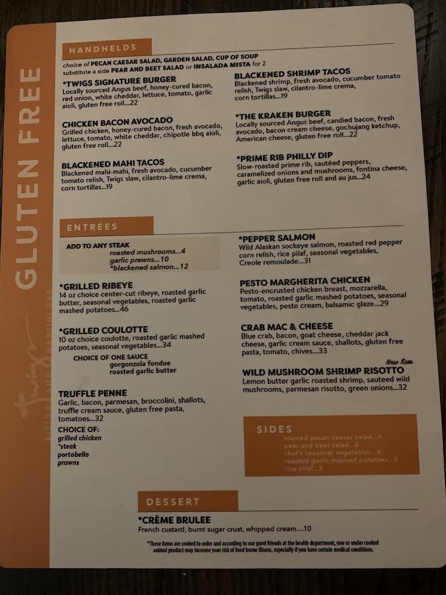 Twigs Bistro gluten-free menu