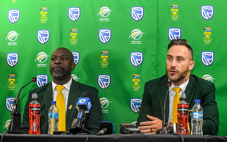 Ottis Gibson (Head Coach) and Faf du Plessis during the South African national men's cricket team arrival press conference at Media Centre, OR Tambo International Airport on July 08, 2019 in Johannesburg, South Africa.