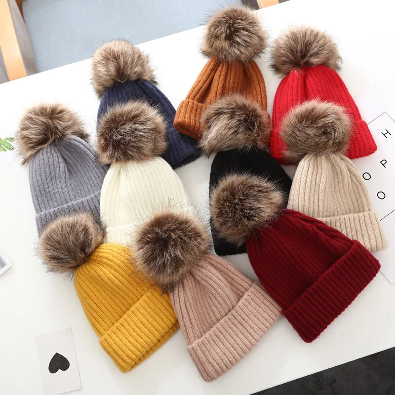 Bonnet d'hiver et d'automne pour bébé en laine avec grosse boule de fourrure, pour garder bébé au chaud et élégant