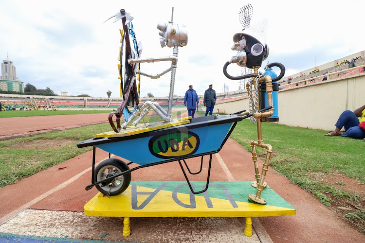 A display of wheelbarrow in Ruto's UDA Party colours at Nyayo Stadium on August 6, 2022