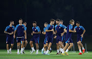 Croatia's Marcelo Brozovic and Ivan Perisic with teammates during training.