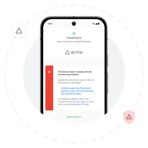 An Android screen shows  an example of a security alert. Behind the phone is a grey solid circle and a dashed circle right outside it. Two security icons are scattered around the dashed circle.