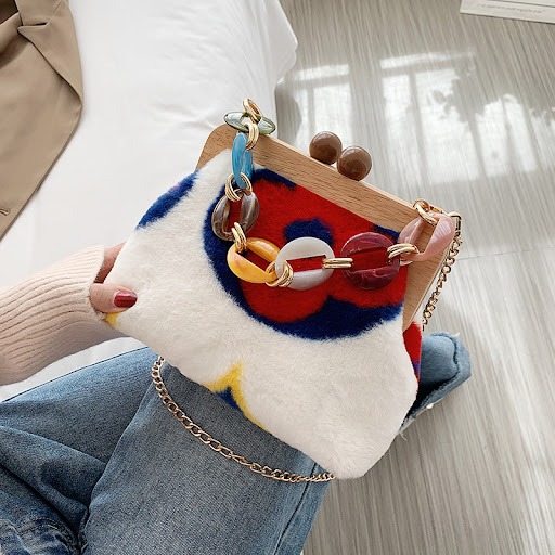 Title 7, Plush Bag with Wood Clip for Ladies, Bucket Sty...