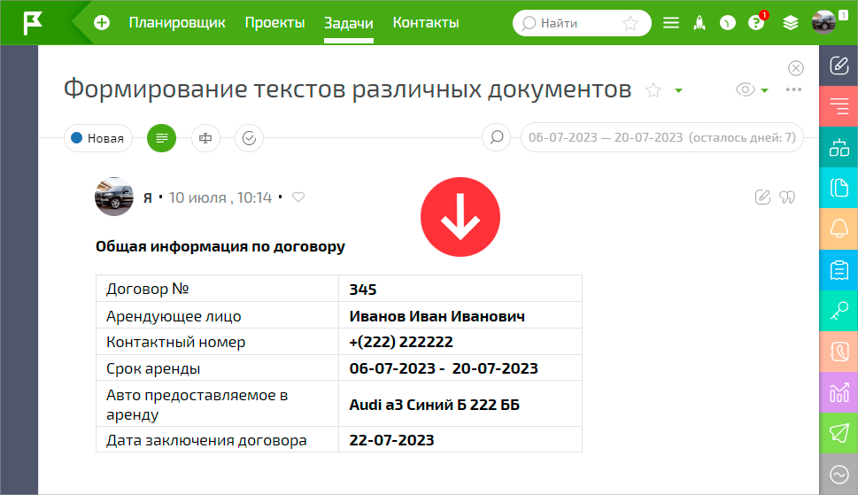 Пример отображения данных договора в описании задачи