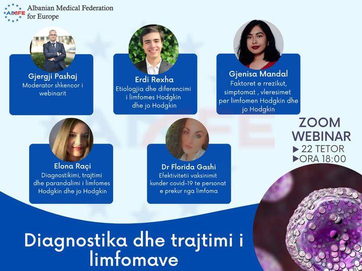 Ist möglicherweise ein Bild von 5 Personen und Text „Albanian Medical Federation AIIFE for Europe Gjergji Pashaj Moderator shkencor webinarit Erdi Rexha Etiologjia dhe diferencimi limfomes Hodgkin dhe jo Hodgkin Gjenisa Mandal Faktoret rrezikut, simptomat, vleresimet per limfomen Hodgkin dhe jo Hodgkin Elona Raçi Diagnostikimi, trajtimi dhe parandalimi ilimfomes Hodgkin dhe jo Hodgkin ZOOM WEBINAR 22 TETOR ORA 18:00 Dr Florida Gashi Efektivitetii vaksinimit kunder id-19 te personat prekur nga limfoma Diagnostika dhe trajtimi i limfomave“