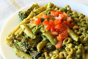 Penne with Basil Cashew Pesto, Asparagus and Red Bell Pepper