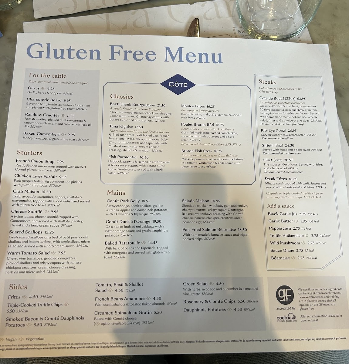 Cote Brasserie gluten-free menu