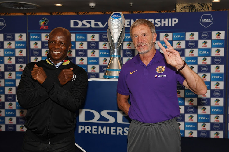 Orlando Pirates coach Mandla Ncikazi and Kaizer Chiefs coach Stuart Baxter during the Soweto derby press conference at Hotel Sky in Johannesburg on November 4 2021.