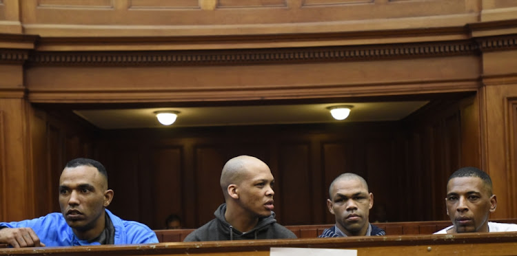 Vernon Witbooi‚ Geraldo Parsons‚ Eben van Niekerk and Nashville Julius during sentencing proceedings in the Hannah Cornelius rape and murder case at the Western Cape High Court.