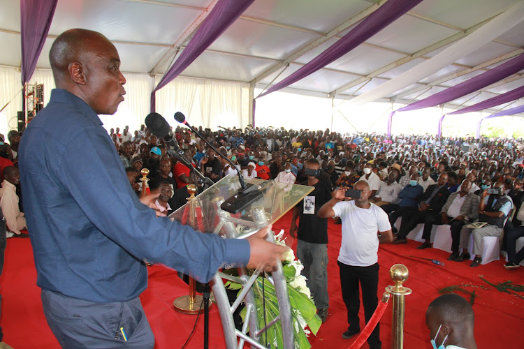 Former PM Raila Odinga's aide Caroli Omondi speaks at their home in Nyatambe, Suba South constituency on February 4,2022