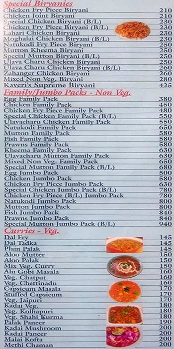 Sri Kaveri's Family Restaurant menu 