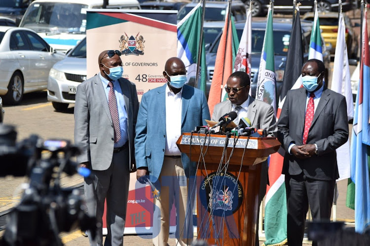 Governor Samuel Ole Tunai, Embu Governor and Council of Governors Chairperson Martin Wambora, Vihiga's Wlbur Otichilo and Bomet Governor Hillary Barchok during a press briefing at Delta Corner, Westlands on October 18, 2021.