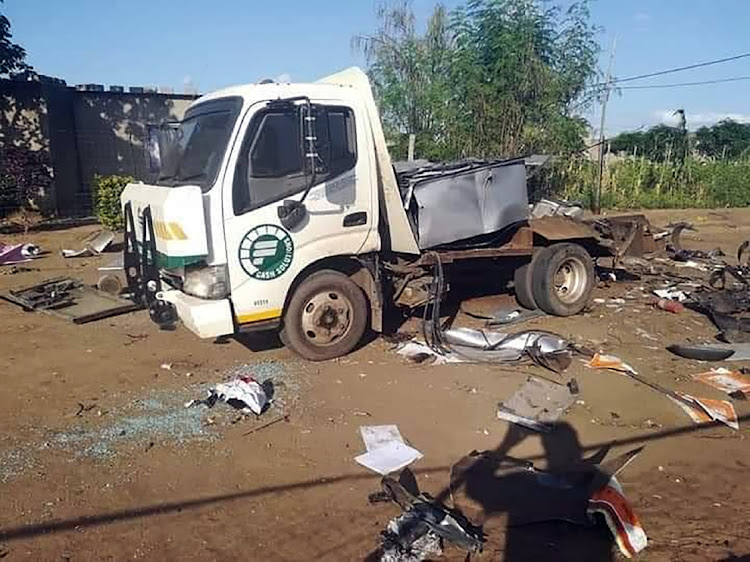 The remains of a cash truck after it was bombed by robbers in Bolobedu.