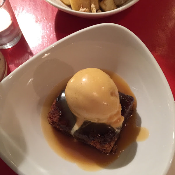 Sticky toffee pudding with vanilla ice cream