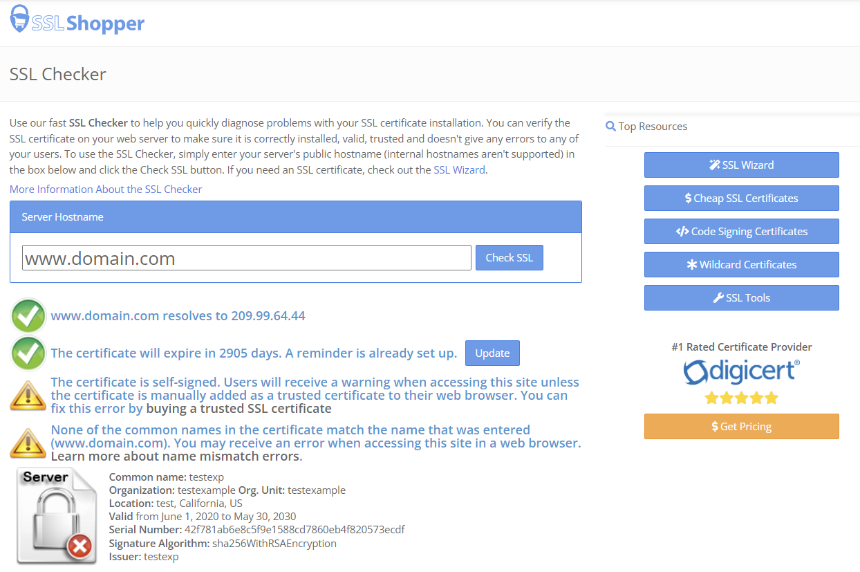 Captura de tela do resultado do teste de SSL no verificador