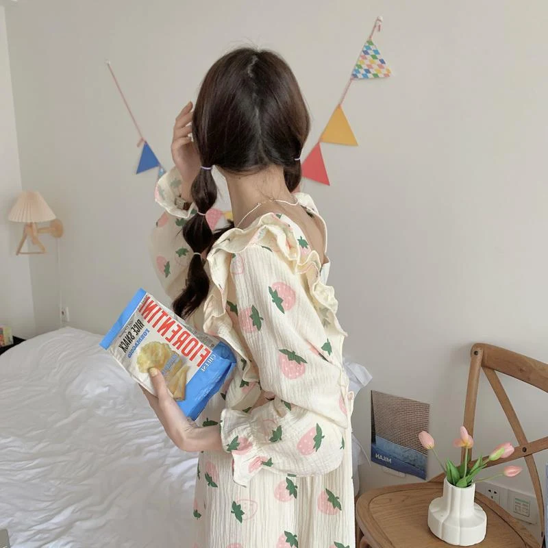 Strawberry Ruffled Square Collar Nightdress Women's Long-sleeved Dress, offering comfort and style for a perfect night's